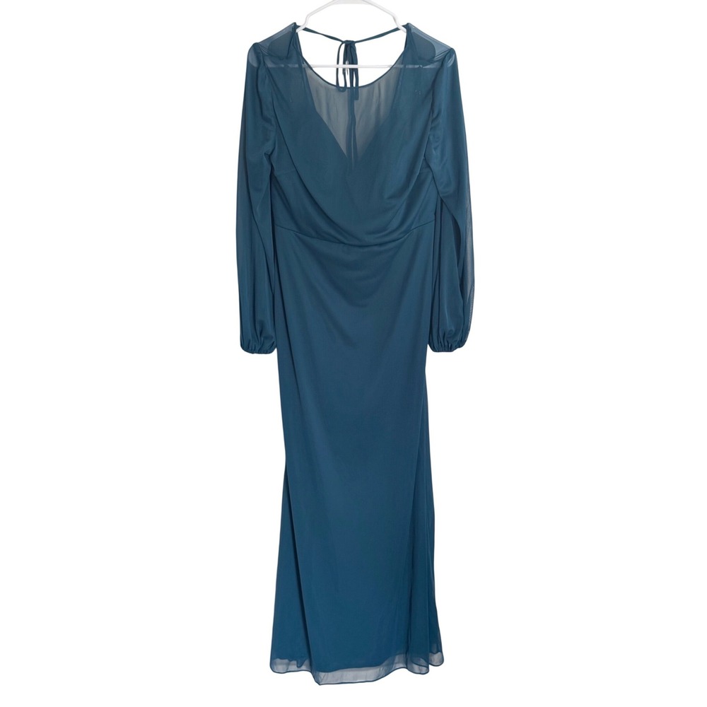 Azazie Teal Draped Cowl Neck Sheer Sleeve Maxi Dress *See Measurements